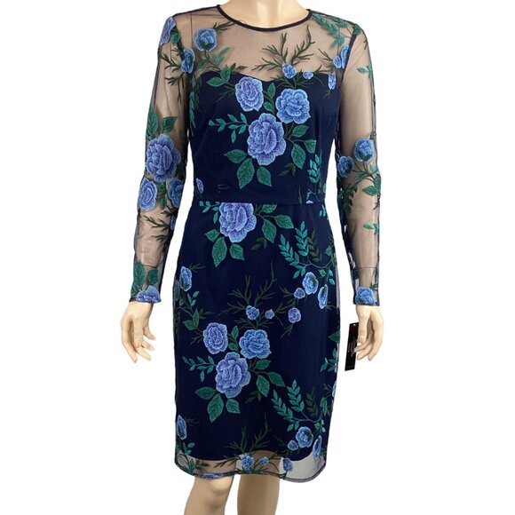 Tahari NWT Navy Blue Floral Embroidered Sheer Mesh Overlay Dress‎ Size 4 W/ Long - Picture 1 of 9